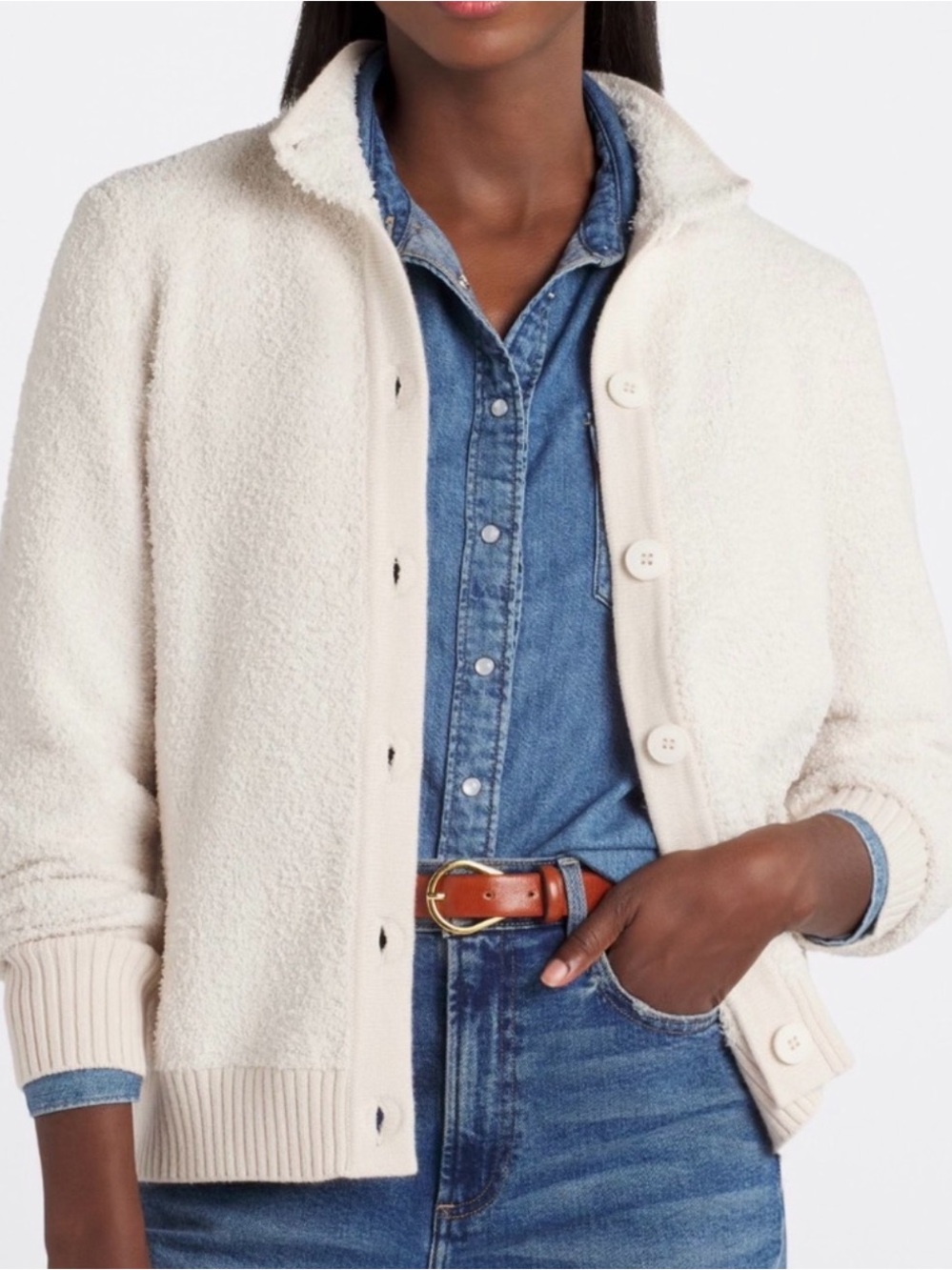 LES SEREIN Cream Sherpa Knit Cardigan with Mock Turtleneck